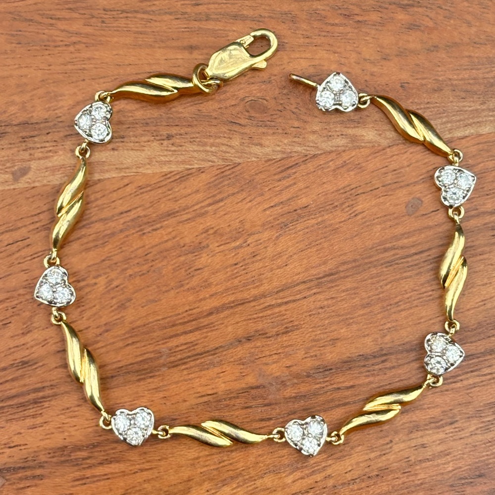 Vintage Wavy Heart Link Bracelet 7.25” Gold Vermeil Link Bracelet Cz Gift
